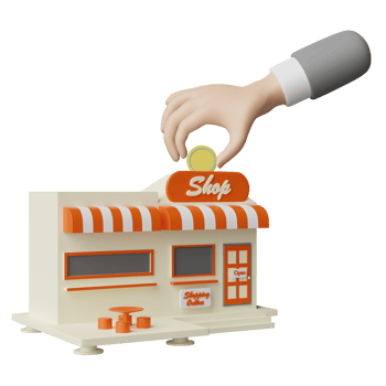 building shop store front with businessman hands holding coin, coffee table isolated. startup franchise business, saving money, business growth concept, 3d illustration, 3d render png