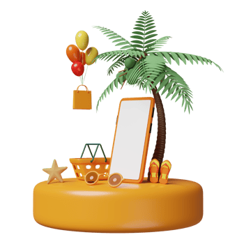 stage podium with mobile phone, smartphone, balloon, palm, shopping paper bags, basket, sandals, starfish, sunglasses isolated. shopping summer sale concept, 3d illustration or 3d render png