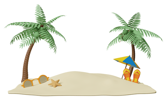 summer travel with  beach, island, umbrella, coconut tree, sandals, starfish, bokeh, sunglasses isolated. concept 3d illustration or 3d render png