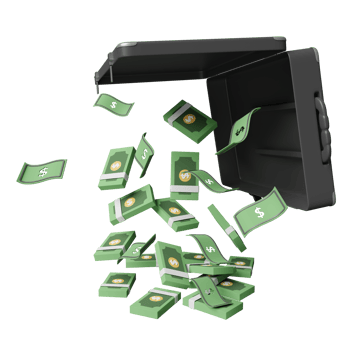 dollar banknote fall out from black briefcase, suitcase isolated. investment or business finance, leak money dollar concept, 3d illustration or 3d render png