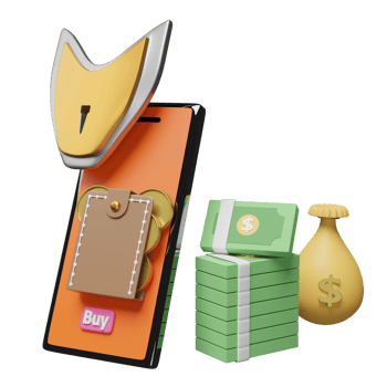 orange mobile phone or smartphone with shield, banknote, wallet, money bag isolated. Internet security or privacy protection or ransomware protect concept, 3d illustration or 3d render png