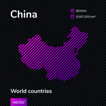 China map. Vector creative digital neon flat line art abstract simple map with violet, purple, pink striped texture on black background. Educational banner, poster about China