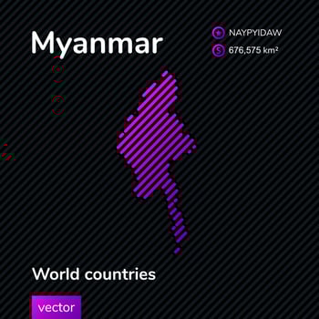 Vector flat map of Myanmar with violet, purple, pink striped texture on black background. Educational banner, poster about Myanmar