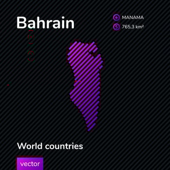 Bahrain vector striped map in violet and black colors. Flat style. Educational banner, poster about Bahrain