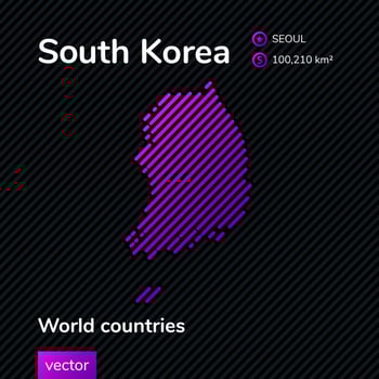 Map of South Korea. Vector creative digital neon flat map with violet, purple, pink striped texture on black background. Educational banner, poster about South Korea