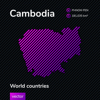 Cambodia map. Vector creative digital neon flat line art abstract simple map with violet, purple, pink striped texture on black background. Educational banner, poster about Cambodia