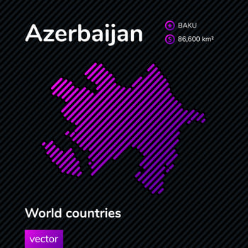 Vector stylized striped map of Azerbaijan in violet and black colors. Flat style. Educational banner, poster about Azerbaijan