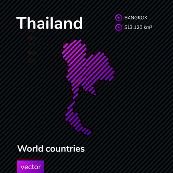 Vector creative digital neon flat simple map of Thailand with violet, purple, pink striped texture on black background. Educational banner, poster about Thailand