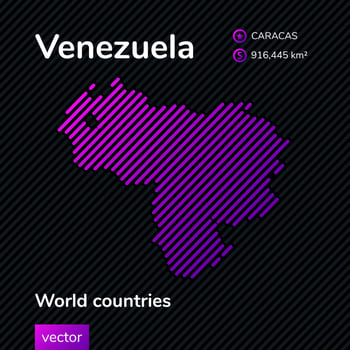 Vector creative digital neon flat map of Venezuela with violet, purple, pink striped texture on black background. Educational banner, poster about Venezuela