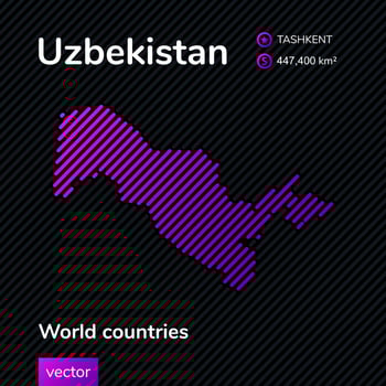 Vector neon flat simple map of Uzbekistan with violet striped texture on black background. Educational banner, poster about Uzbekistan