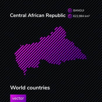 Vector flet map of Central African Republic in violet on black striped background. Educational banner