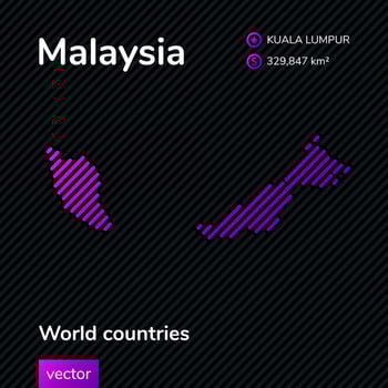 Vector striped stylized flat Malaysia map in purple colors on striped black background. Educational banner