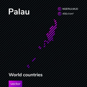 Vector striped stylized flat map of Palau in violet colors on the black striped background. Educational banner