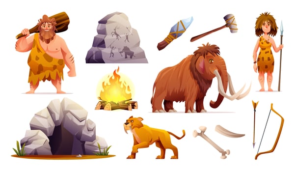 Set of prehistoric stone age people, tools and ancient wild animals cartoon illustration vector