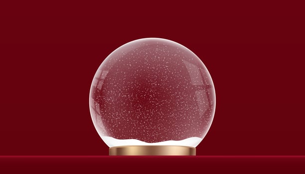 Happy New Year and Merry Christmas greeting with Xmas Snowballon Red background,Magic Glass snow globe 3d design,Vector backdrop banner for Winter holiday card,Christmas sale season,Discount vector