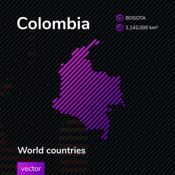 Vector stylized flat map of Colombia in violet and black colors on striped background. Educational banner