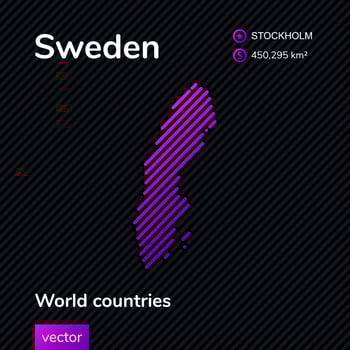 Sweden map. Vector creative digital neon flat abstract simple map with violet, purple, pink striped texture on black background. Educational banner, poster about Sweden