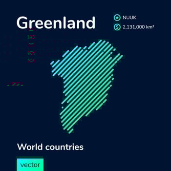 Vector creative digital neon flat line art abstract simple map of Greenland with green, mint, turquoise striped texture on dark blue background. Educational banner, poster about Greenland