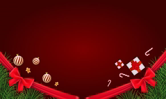 Merry Christmas and happy new year on a red background. Merry Christmas with Christmas balls and candy fir branches, Gift box, and candy. Christmas and new year Vector illustration