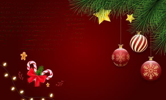 Merry Christmas and happy new year on a red background. Merry Christmas with Christmas balls and candy fir branches. Winter holiday tree decoration for Christmas and new year Vector illustration
