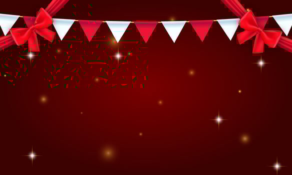 Merry Christmas and happy new year on red background. Merry Christmas with flags party, garland, bow ribbons. Winter holiday Christmas and new year background. Vector illustration