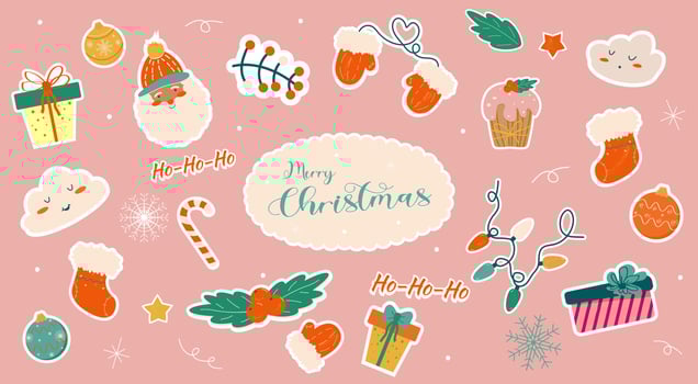 Christmas stickers collection with cute seasonal elements, isolated. Colorful vector illustration in flat cartoon style