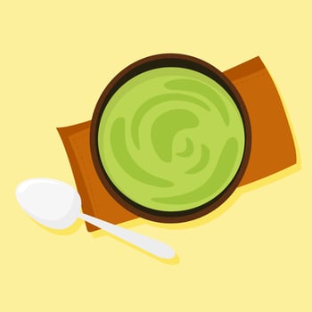 Bowl with guacamole standing on kitchen towel with metallic spoon. Mexican food with avocado and tortilla chips and nachos. Vector illustration
