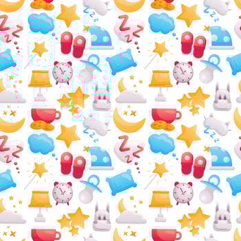 Vector pattern of cute bright icons. Sleep time theme. Cute decorations for baby items, wrapping paper and room. Image of the moon and stars, alarm clock, pillow, dreams.