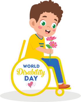Illustration of a boy in a wheelchair holding a flower gifted to him on the International world disability day. World disability day vector illustration. suitable for poster and banner.