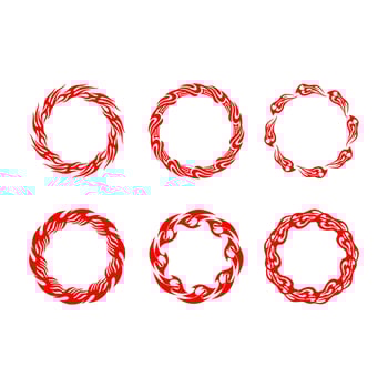 Flame circles set. Round fire frames for designs. Vector illustration isolated on a white background