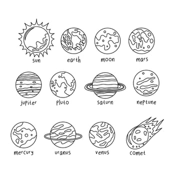 Set Of Solar System Element Doodle vector