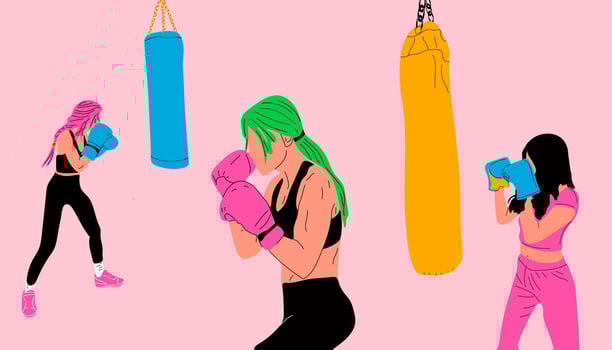 Set of three Woman in boxing gloves posing at punching bag in sportswear. Girl power concept. Cartoon vector illustration