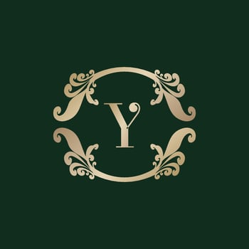 Letter Y Alphabet Logo with Luxury Decorative Golden Frame. Elegant Curl Floral Ornament. vector