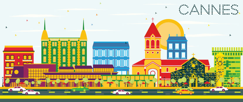 Cannes Skyline with Color Buildings and Blue Sky. vector