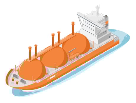 Gas and oil tank ship import export transportation of liquefied natural gas isometric cartoon orange vector isolated