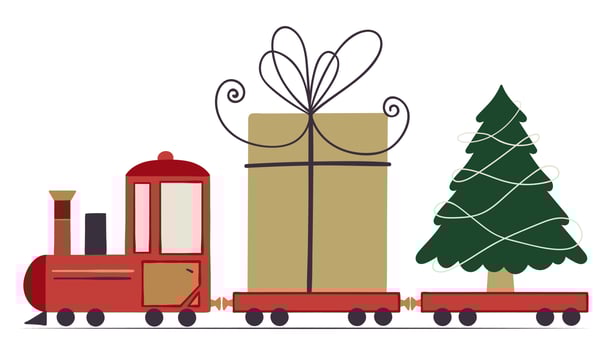 The red toy train is carrying Christmas gift box and tree. vector