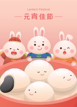 Cute rabbit character or mascot, Lantern Festival or Winter Solstice with glutinous rice balls, glutinous rice sweet food in Asia, poster design vector