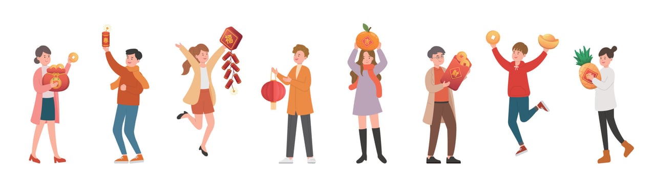 A set of men and women with Chinese New Year elements, red paper packets and coins vector