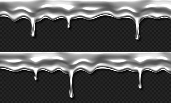 Liquid silver drip, dripping metal, mercury border vector