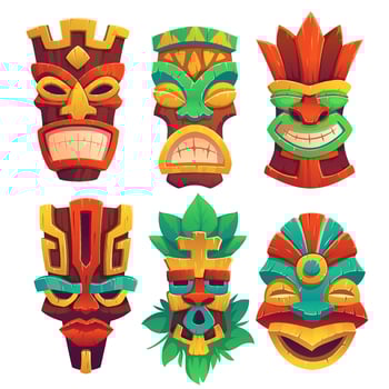 Tiki masks, tribal wooden totems in hawaiian style vector