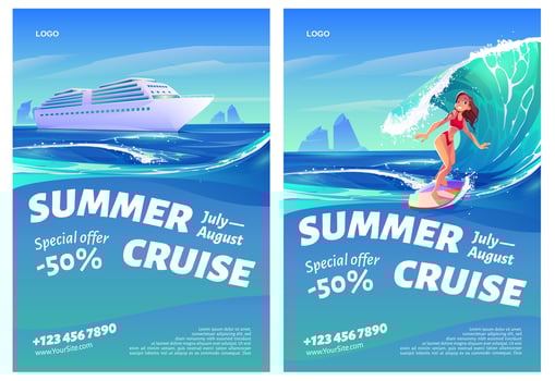 Summer cruise posters with ship and surfer girl vector