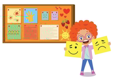 Cork board with paper notes and children picture vector