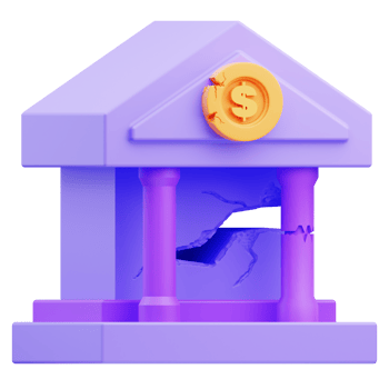 3d rendering illustration of broken bank building icon symbolizing financial crisis, recession png