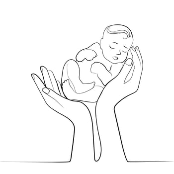 Newborn baby in mother's hands continuous line modern design,outline vector illustration.Motherhood and pregnancy, surrogacy,health and care in the family concept,poster,logo,emblem,background design