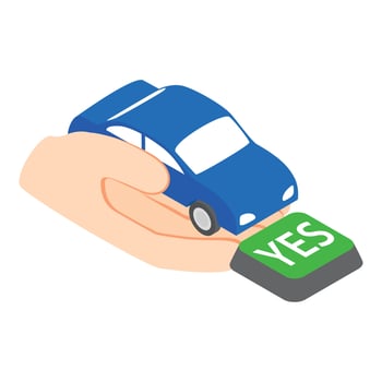 Car insurance icon isometric vector. Human hand holding blue car and button yes vector