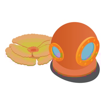 Diving gear icon isometric vector. Old vintage diving helmet and soft coral icon vector