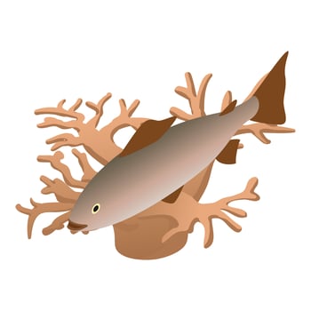 Sea life icon isometric vector. Swimming fish and dark brown seaweed icon vector