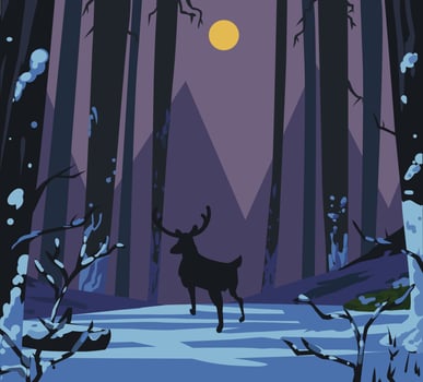 A silhouette reindeer in the snowy woods and mountain as the background with full moon night cartoon flat vector illustration. Wild life alone in cold winter night at dark forest