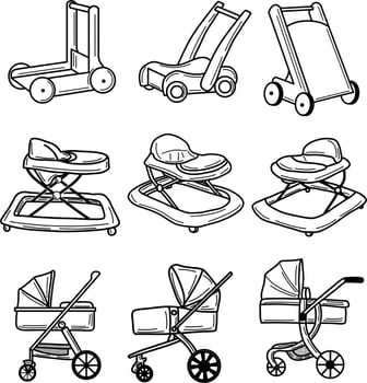Handdraw doodle of baby walker and stroller vector