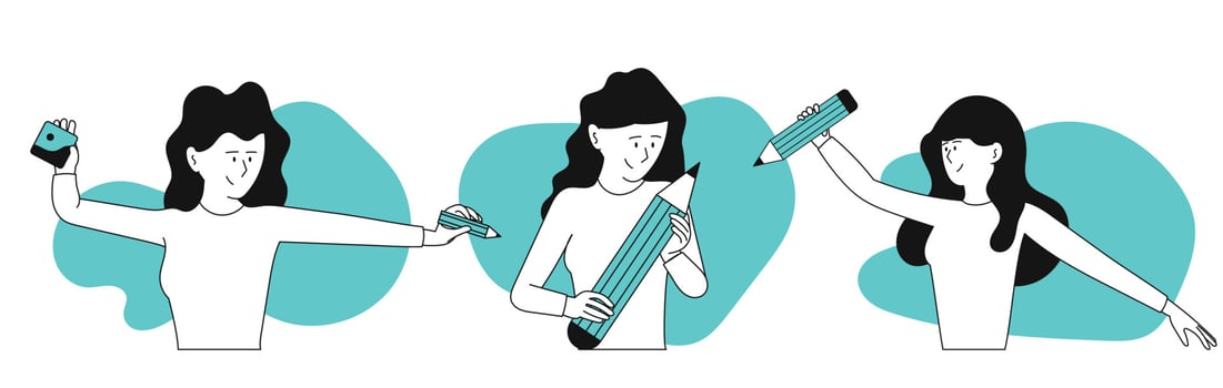 Woman designer with pencil vector concept illustration. Character drawing or creative professional artist. Female illustrator process creation draw. Creativity worker or project work for businesswoman